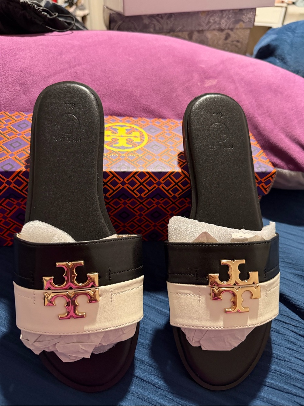 Black and White Logo Slide Sandals with Gold Hardware